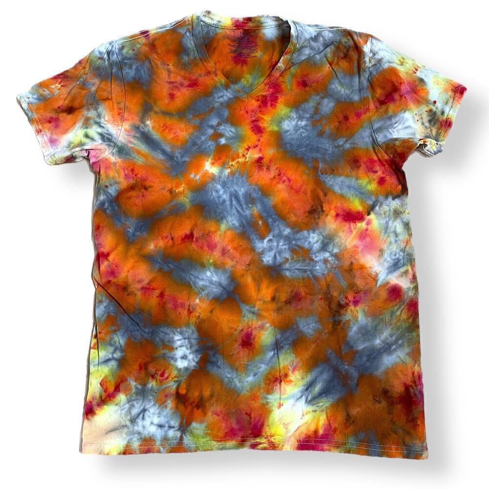 handmade tie dye unisex tshirt XL vneck silver orange galaxy